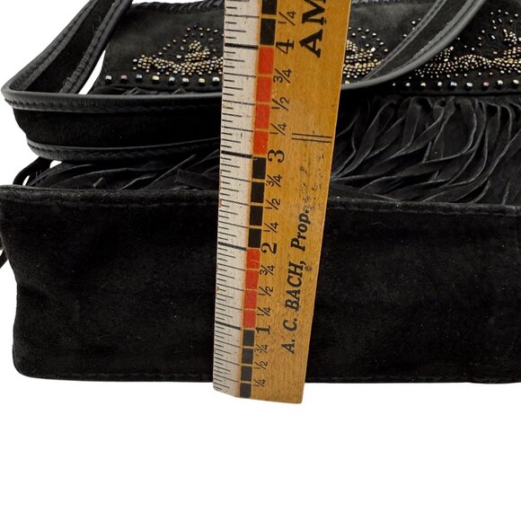 Cripple Creek Fringe Leather Shoulder Bag Black Beaded Studded Double Handles - Picture 13 of 15